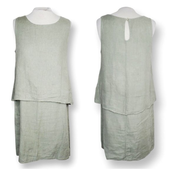Lungo L'Arno Italy Dress Pure Linen Layered Boho Lagenlook Sage Green L - Picture 1 of 12